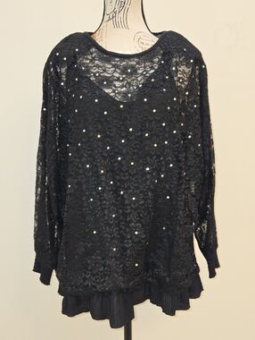 Black Lace Sequin Long-Sleeve Top With Built-in Camisole Size 16